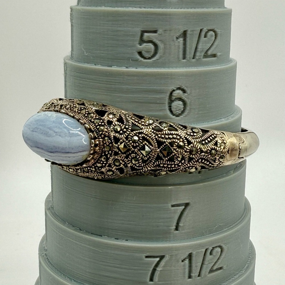 Vintage Sterling Silver Marcasite & Blue Lace Agate Hinged Bangle Bracelet 6.5-7 - Picture 9 of 17
